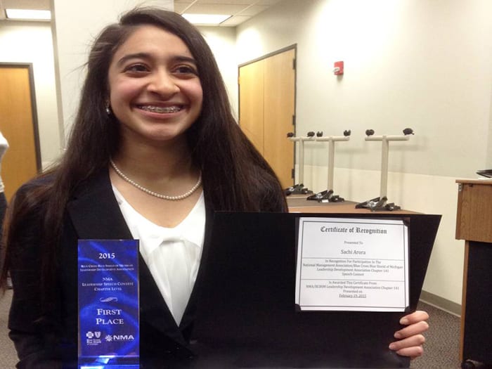 Ninth grader Sachi Arora, placed third nationally in the 2015 NMA Leadership Speech Contest